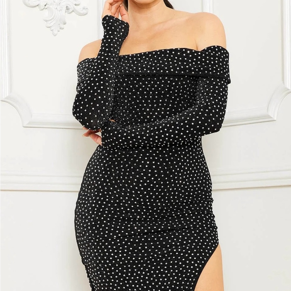 Rhinestone Studded Long Sleeve Off the Shoulder Midi Dress size L